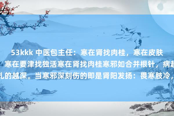 53kkk 中医包主任：寒在肾找肉桂，寒在皮肤找桂枝，寒在肌肉找葛根，寒在要津找独活寒在肾找肉桂寒邪如合并根针，病越重走漏寒邪扎的越深。当寒邪深刻伤的即是肾阳发扬：畏寒肢冷，精神颓丧，尿频尿急，下肢水肿，便...